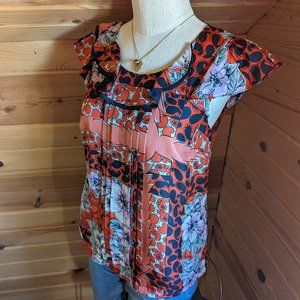 Anthropologie Odille Red Floral/Paisley Ruffled Silk Blouse